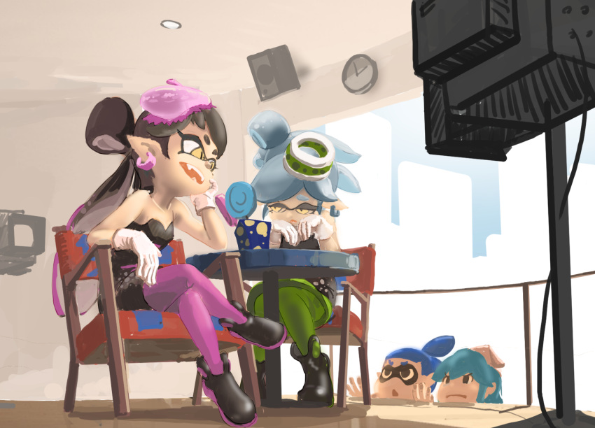 1boy, 3girls, animal_humanoid, anthro, bare_shoulders, black_eyes, black_hair, blue_hair