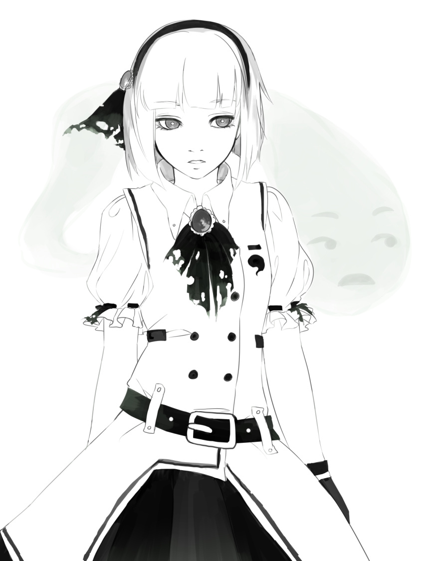 1girl, annoyed, ascot, belt, bob_cut, buttons, diadem, embellished_costume, emoji, emoticon, ghost, hair_ribbon, highres, igyouhime, konpaku_youmu, konpaku_youmu_(ghost), looking_to_the_side, monochrome, parted_lips, puffy_short_sleeves, puffy_sleeves, ribbon, serious, short_sleeves, single_glove, solo, torn_clothes, touhou, vest, white_background, white_pupil