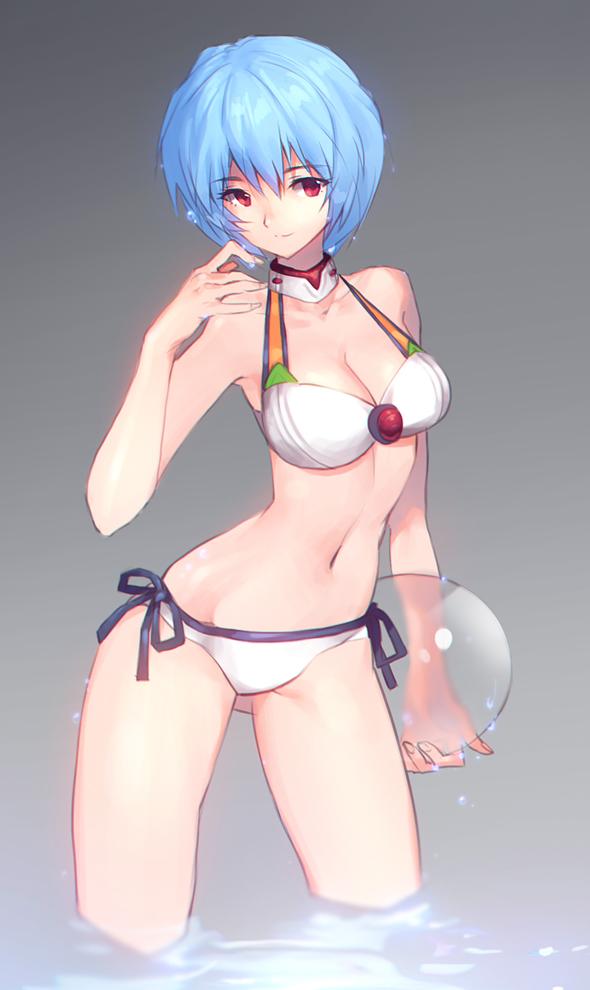 1girl, ayanami_rei, ball, beachball, bikini, blue_hair, breasts, cleavage