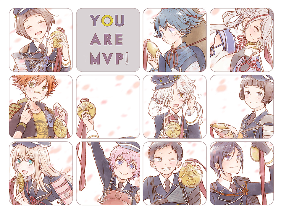 6+boys, ^_^, aizen_kunitoshi, akita_toushirou, animal_on_shoulder, atsushi_toushirou, bandaid, bandaid_on_nose