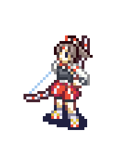 1girl, archer_(fire_emblem), bow_(weapon), brown_hair, crossover, fire_emblem, hair_ribbon, headband, high_ponytail, japanese_clothes, kantai_collection, lowres, pixel_art, ponytail, ribbon, rw, skirt, weapon, zuihou_(kantai_collection)