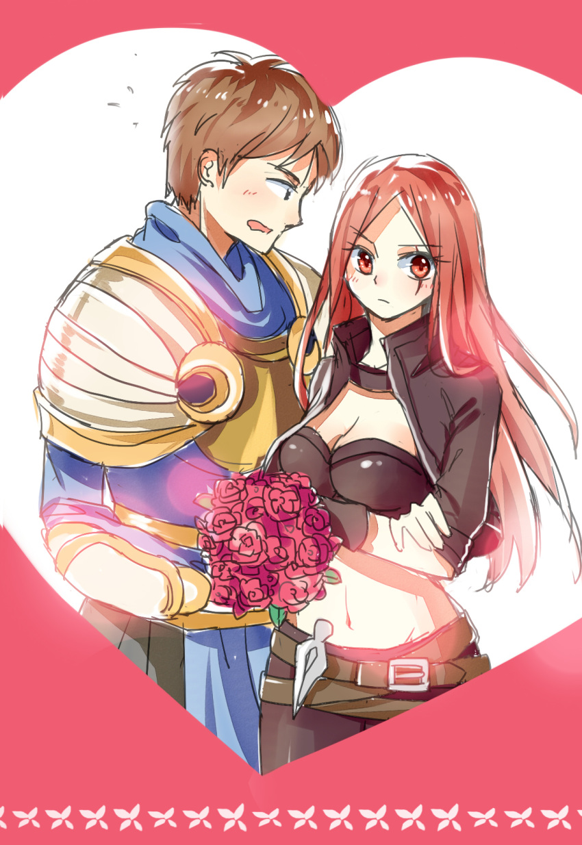 1boy, 1girl, amiemie, armor, bouquet, breasts, brown_hair, cleavage