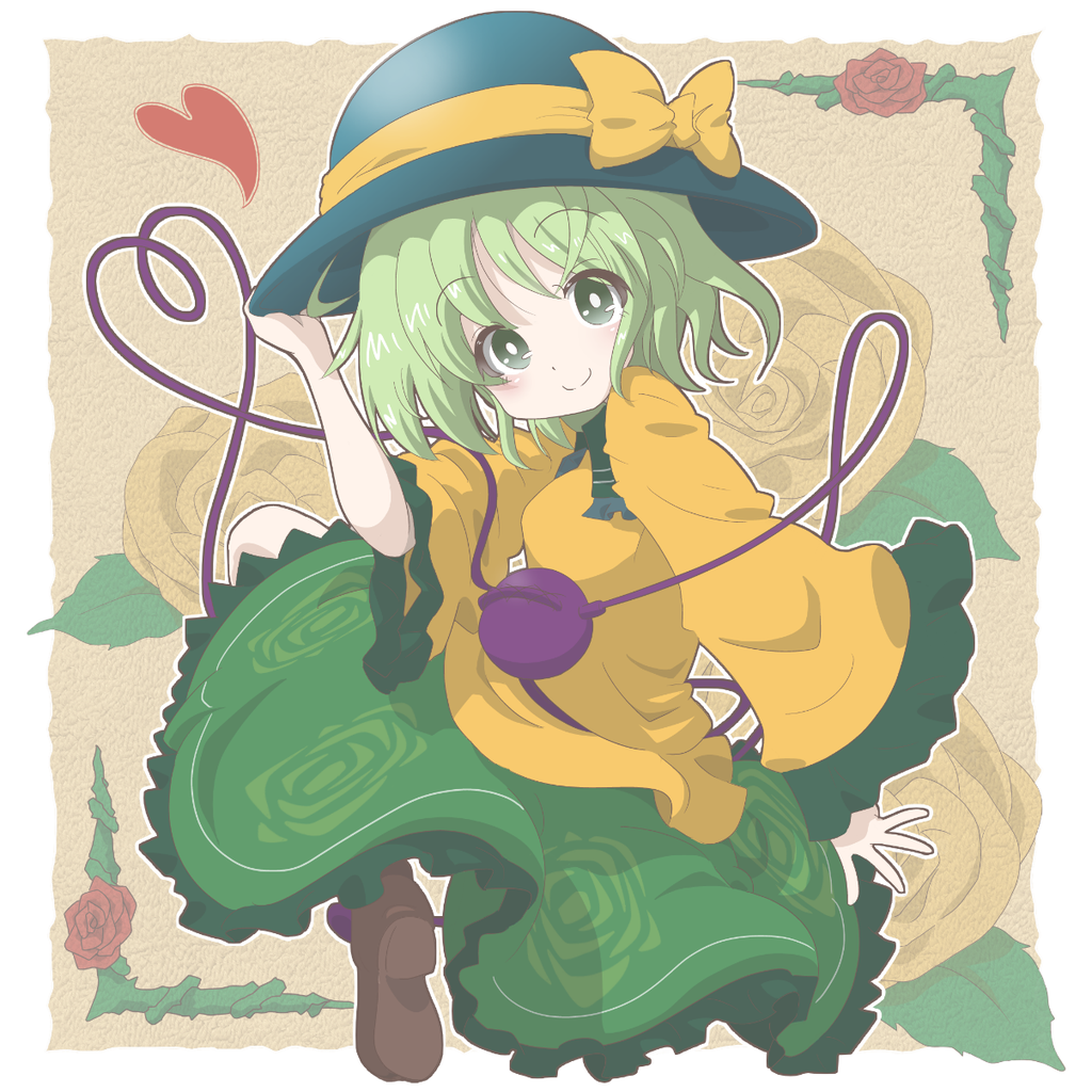 1girl, bow, eyeball, flower, green_eyes, green_hair, hal_(pixiv2042201), hat