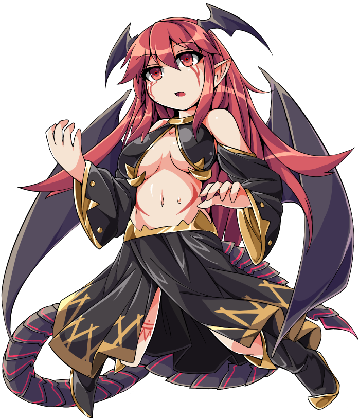 1girl, alternate_costume, bat_wings, detached_sleeves, full_body, fun_bo, head_wings, koakuma, long_hair, marisa_to_alice_no_cookie_storia, red_eyes, redhead, simple_background, solo, touhou, white_background, wings