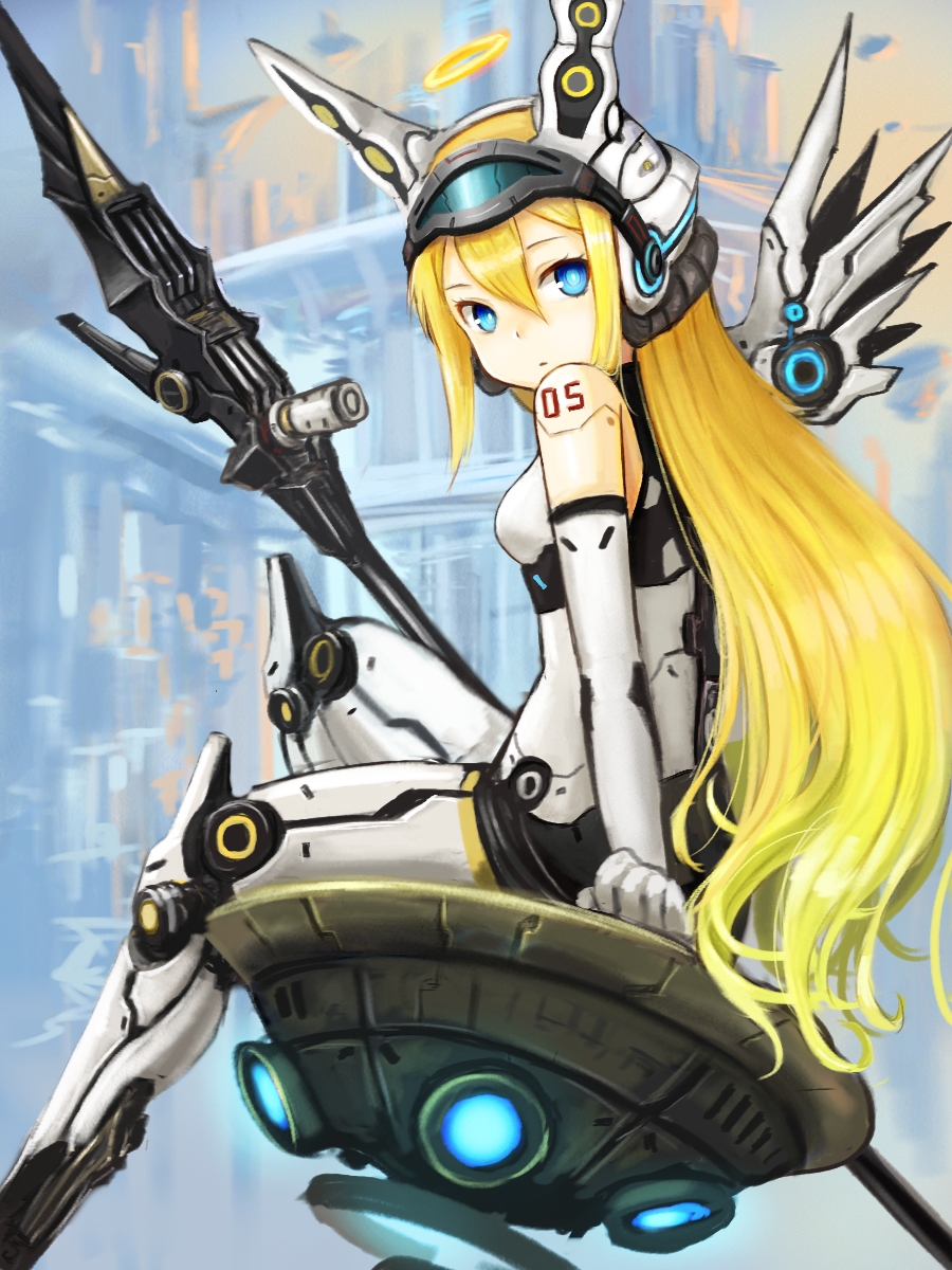 1girl, blonde_hair, blue_eyes, halo, headpiece, highres, kai_(hokkaido), looking_at_viewer, mecha_musume, metal_wings, original, robot_joints, science_fiction, sitting, solo, visor, weapon