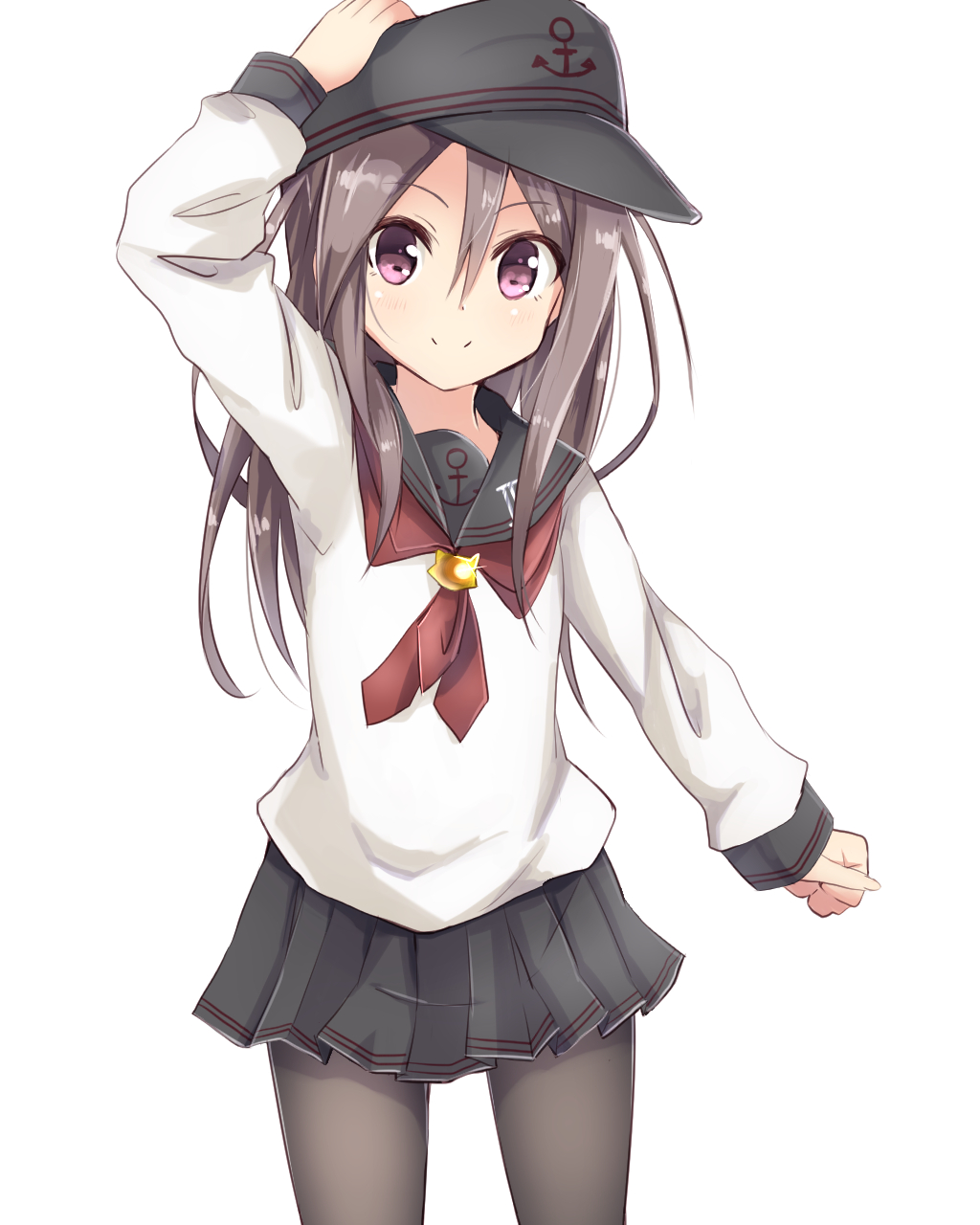 1girl, akatsuki_(kantai_collection), akatsuki_(kantai_collection)_(cosplay), amano_kouki, anchor_symbol, black_legwear, black_skirt, brown_hair