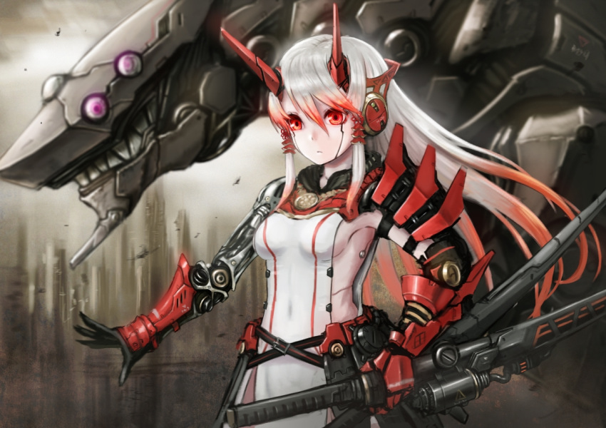 black_gloves, demon_horns, extra_eyes, gauntlets, gloves, headphones, horns, kai_(hokkaido)