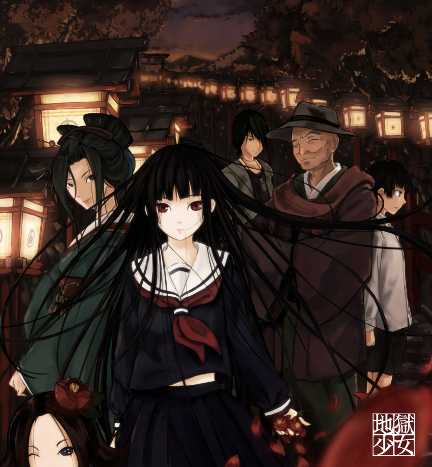 2boys, 4girls, black_eyes, black_hair, brown_hair, character_request, closed_eyes, enma_ai