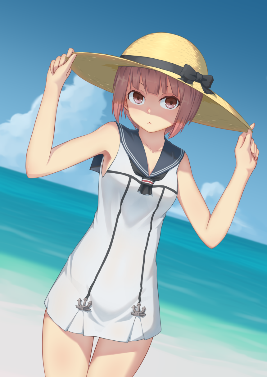 1girl, :<, adapted_costume, bangs, bare_legs, bare_shoulders, beach, blue_sky