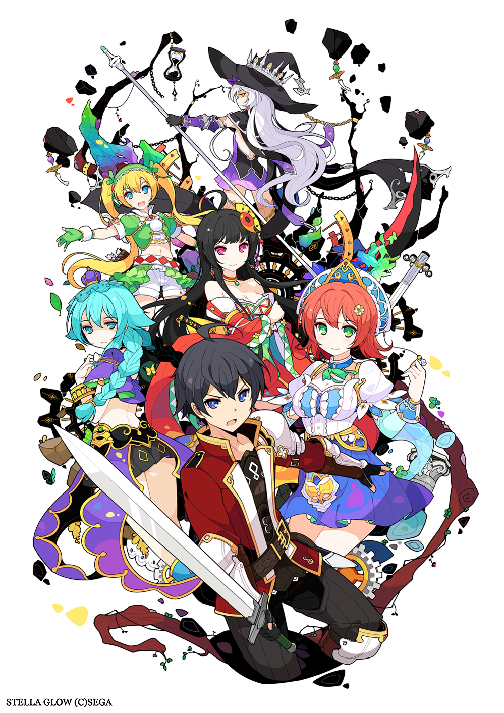 1boy, 5girls, ahoge, bare_shoulders, bell, black_gloves, black_hair, blonde_hair