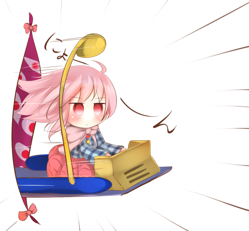 1girl, ahoge, bikuseno, bow, bubble_skirt, chibi, commentary, expressionless, eyes, hata_no_kokoro, highres, long_sleeves, pink_eyes, pink_hair, plaid, plaid_shirt, red_ribbon, ribbon, shirt, short_hair, simple_background, skirt, solo, touhou, white_background