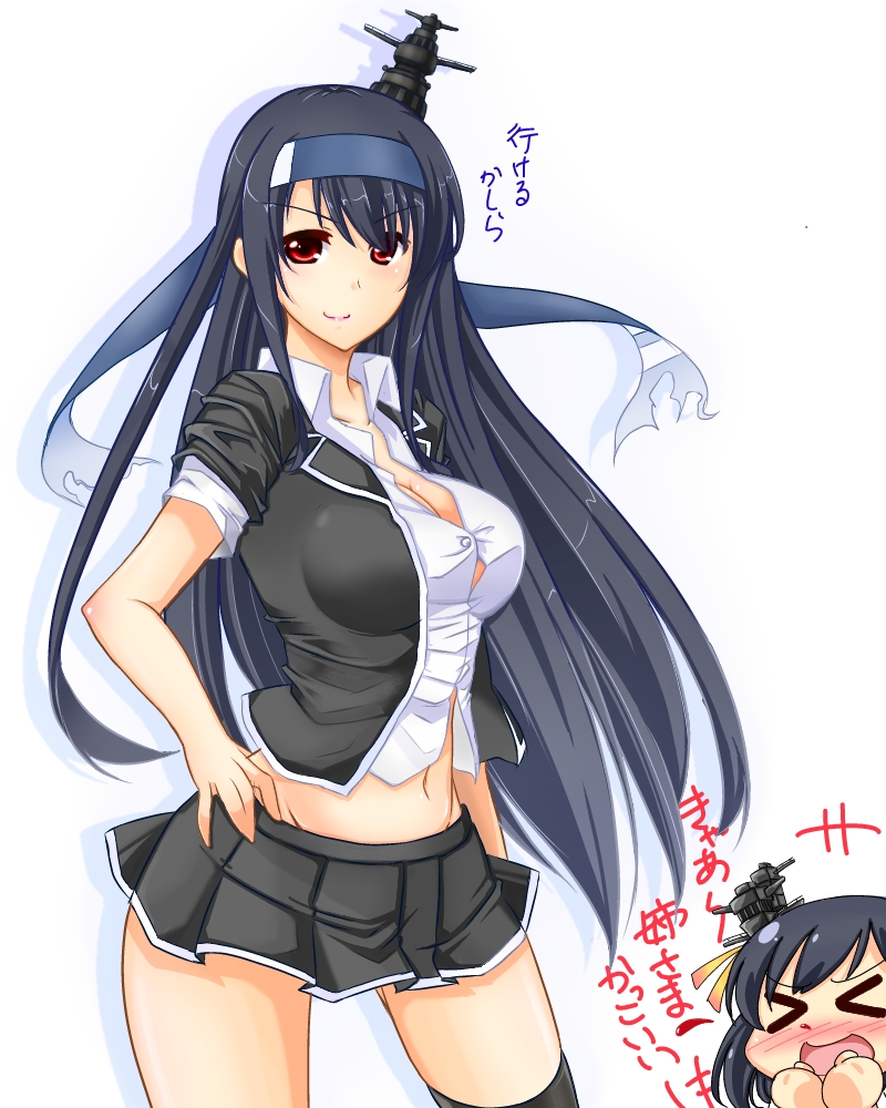 >_<, 2girls, black_hair, blood, blush, breasts, cleavage, fusou_(kantai_collection)