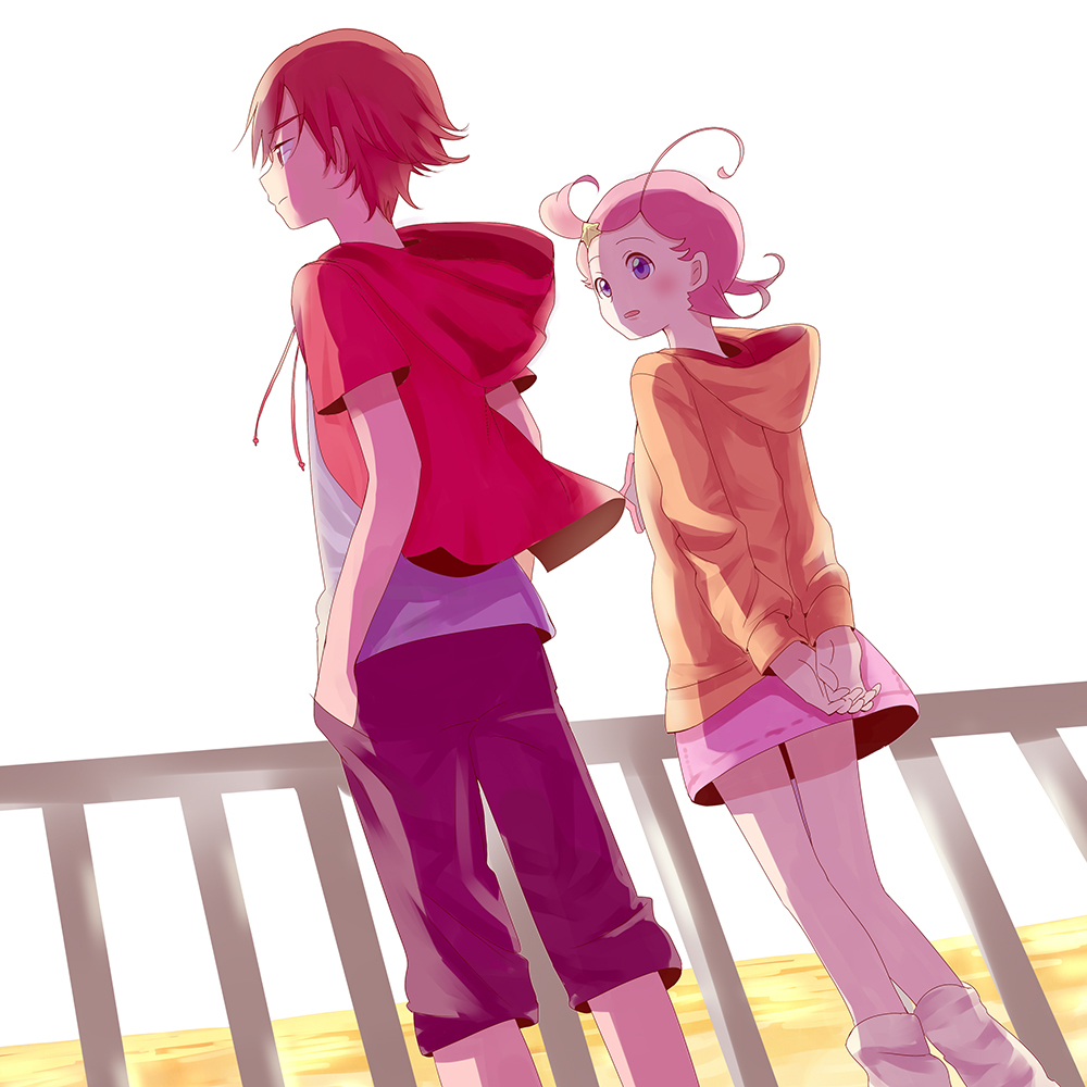 1boy, 1girl, ahoge, brown_hair, comet_(comet-san), cosmic_baton_girl_comet-san, hoodie, mishima_keisuke