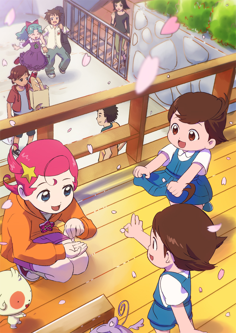 ahoge, bow, brown_hair, cherry_blossoms, cojibou, comet_(comet-san), cosmic_baton_girl_comet-san, fujiyoshi_keitarou, fujiyoshi_nene, fujiyoshi_sayaka, fujiyoshi_tsuyoshi, green_hair, hair_bow, imagawa_shun, kinomoto_sakura, la_valmot_provone, long_hair, meteor_(comet-san), mishima_keisuke, moo_weizen_knoedel, pink_hair, short_hair