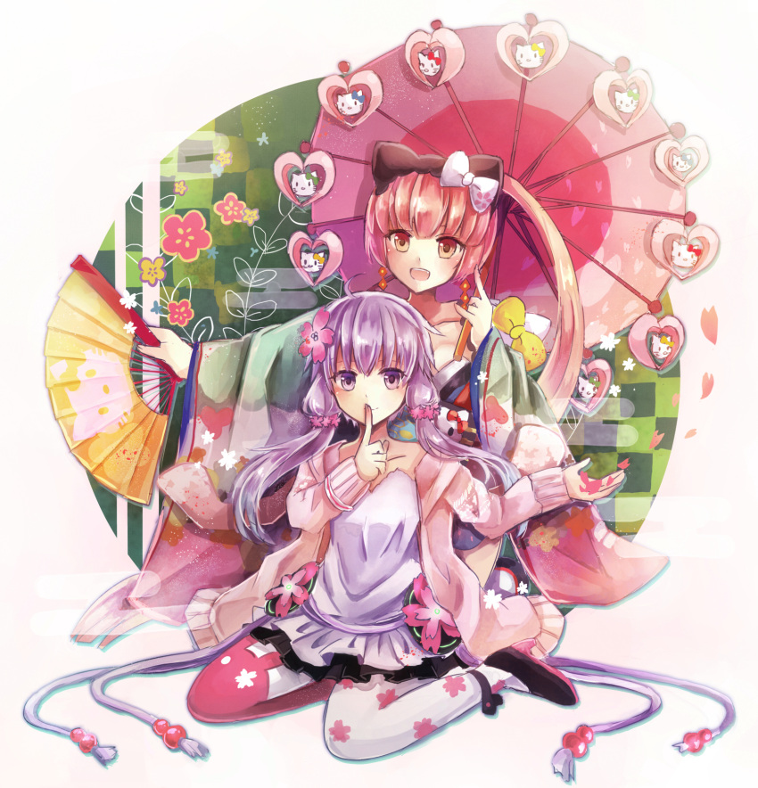 2girls, :d, bow, brown_eyes, earrings, fan, fang, flower