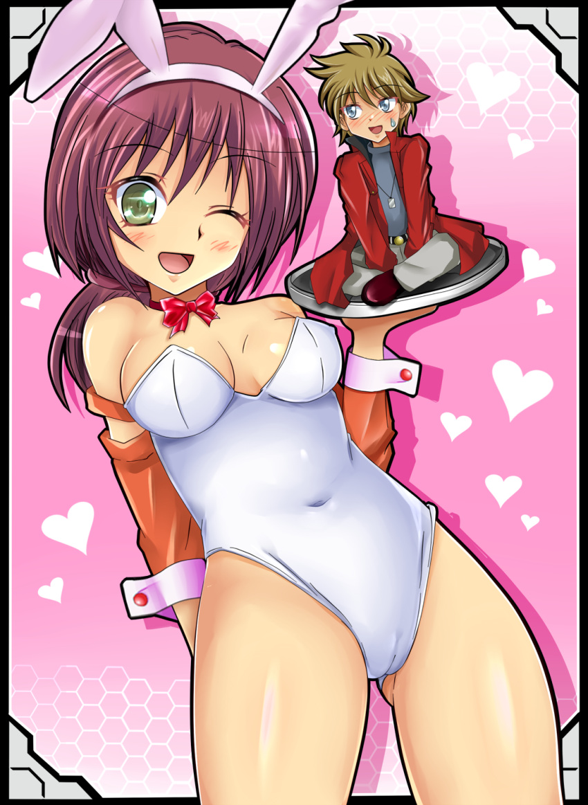 1boy, 1girl, animal_ears, brown_hair, bunnysuit, cardfight!!_vanguard, choker, detached_sleeves