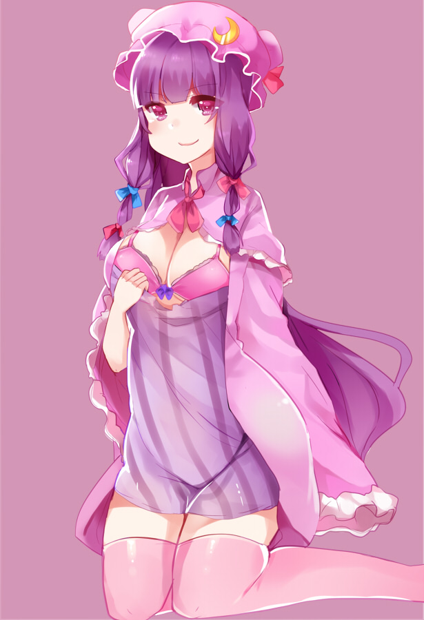 1girl, bow, bra, breasts, cleavage, crescent_hair_ornament, hair_bow, hair_ornament