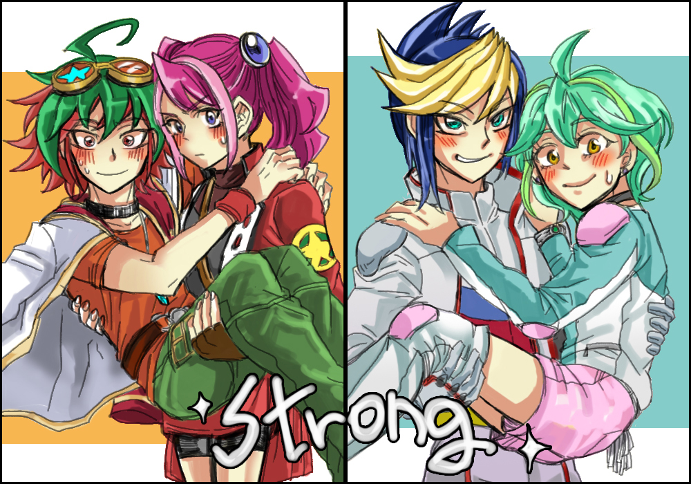 2boys, 2girls, ahoge, blonde_hair, blue_eyes, blue_hair, blush, boots