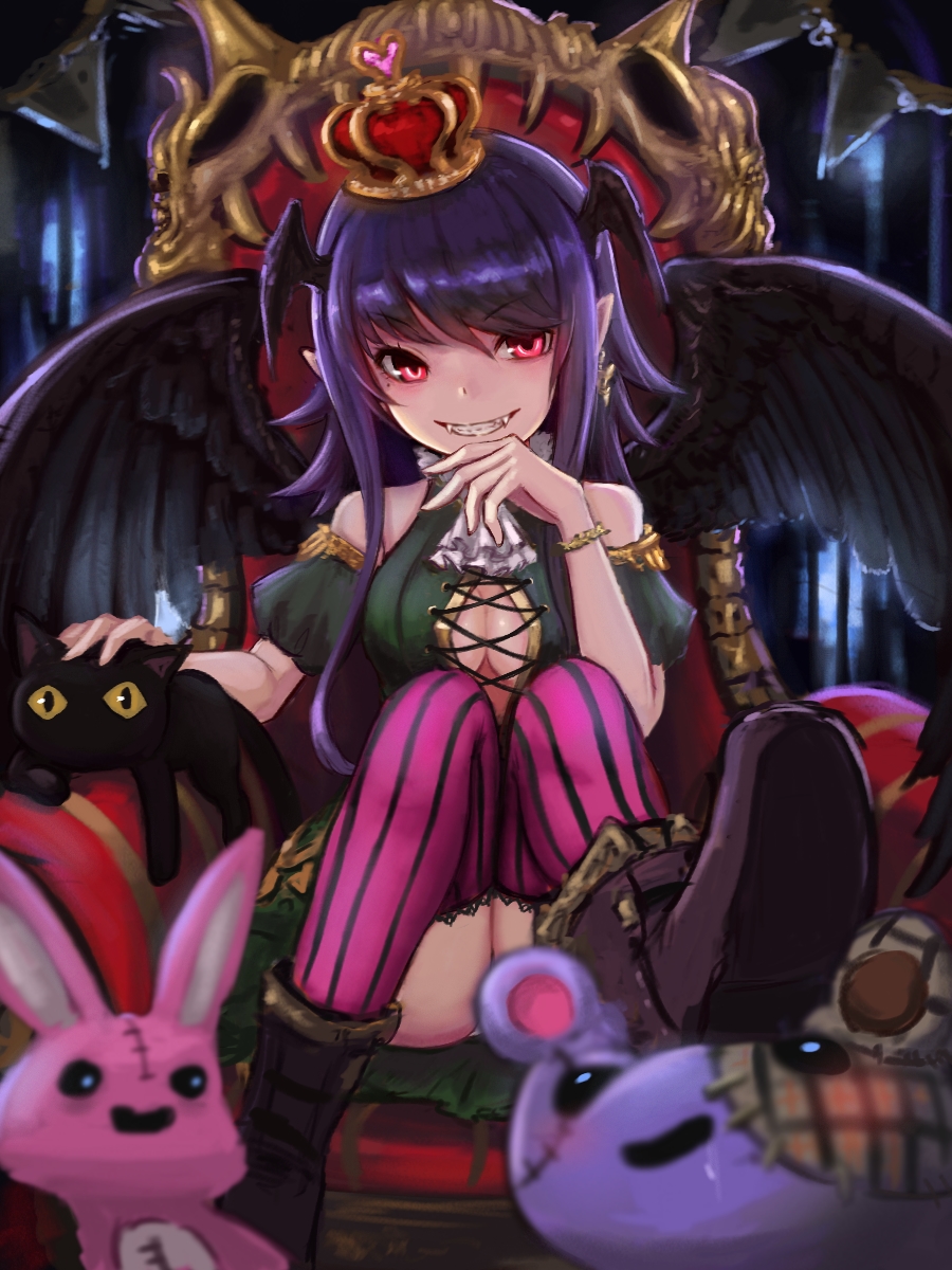 bare_shoulders, bear, breasts, cat, cleavage, convenient_censoring, cravat, crown, fangs, grin, head_wings, highres, kai_(hokkaido), looking_at_viewer, original, pointy_ears, purple_hair, red_eyes, shoes, sitting, smile, stitches, stuffed_animal, stuffed_toy, teddy_bear, teeth, thigh-highs, throne, wings
