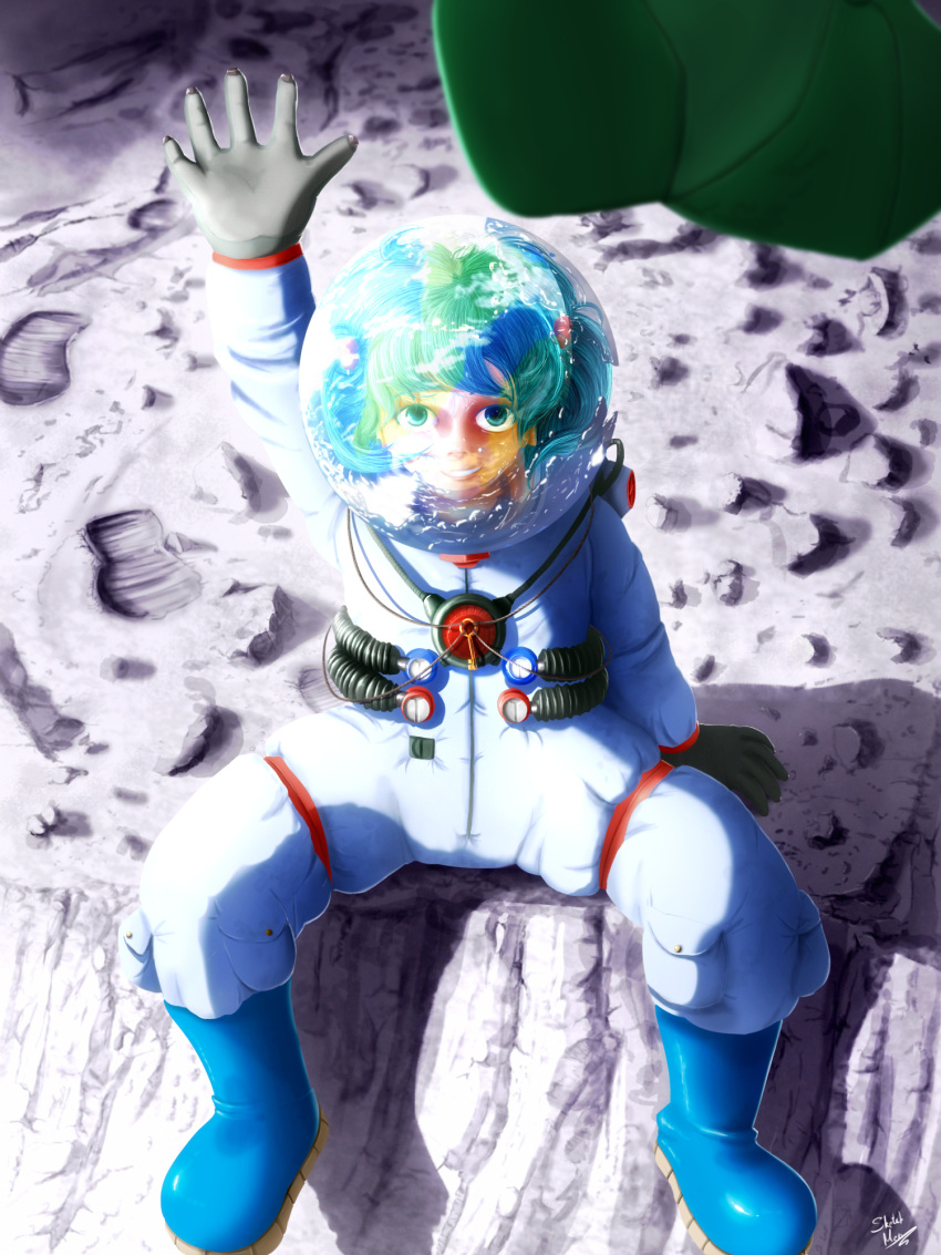 1girl, artist_request, crater, footprints, gloves, green_eyes, green_hair, hat, helmet, highres, kawashiro_nitori, looking_at_viewer, reflection, smile, solo, space, spacesuit, touhou