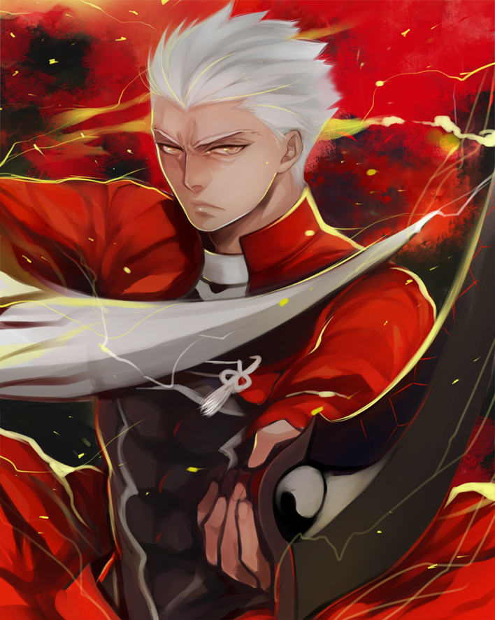 1boy, archer, dark_skin, dual_wielding, fate/stay_night, fate_(series), frown, jun_(ash)