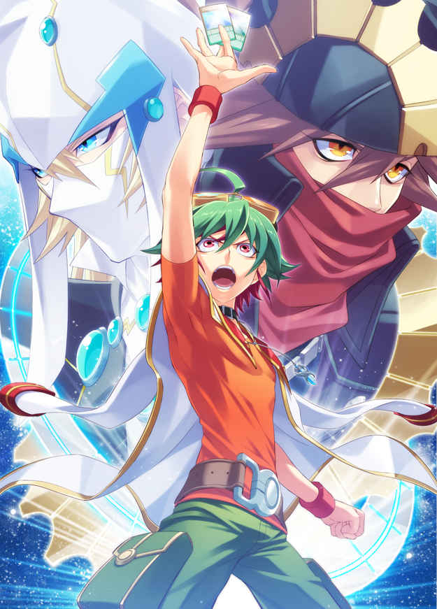 3boys, ahoge, belt, blonde_hair, blue_eyes, brown_eyes, brown_hair, card