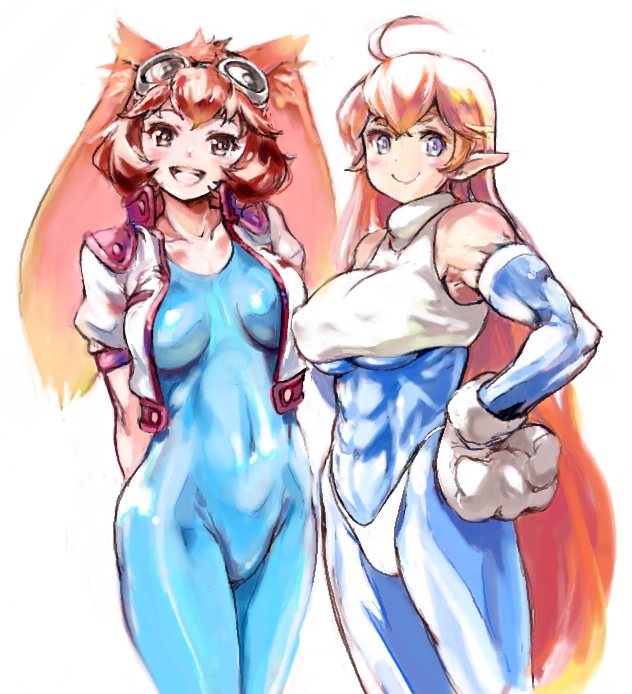 2girls, ahoge, animal_ears, blue_eyes, bodysuit, breasts, brown_hair, company_connection, cropped_jacket, crossover, galaxy_fight, gloves, goggles, goggles_on_head, hand_on_hip, long_hair, makihara_arina, multiple_girls, rabbit_ears, roomi, short_hair, smile, sunsoft, tks_(chikuwa), waku_waku_7, white_background