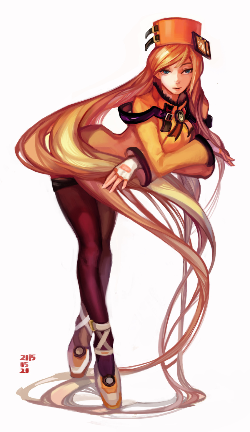 1girl, absurdly_long_hair, absurdres, bent_over, blonde_hair, blue_eyes, dress, fingerless_gloves, fur_hat, gloves, guilty_gear, guilty_gear_xrd, hat, highres, l5_(nanbabodaaa), long_hair, millia_rage, pantyhose, prehensile_hair, short_dress, solo, tiptoes, ushanka, very_long_hair, white_background