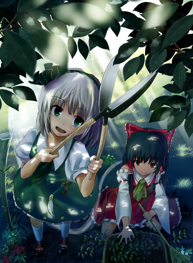 bad_id, black_hair, bow, detached_sleeves, foreshortening, from_above, ghost, green_eyes