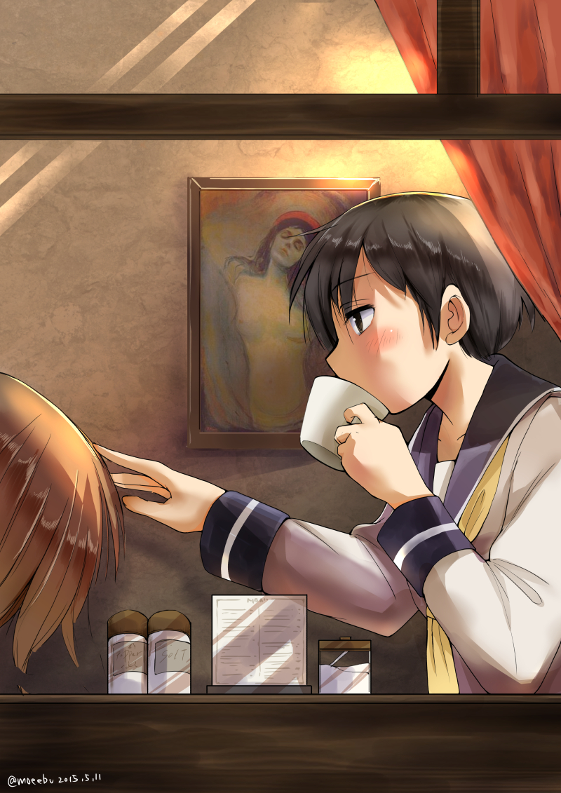 2girls, brown_hair, coffee_mug, hand_on_another's_head, hasegawa_fumi, long_hair, multiple_girls, okano_kei