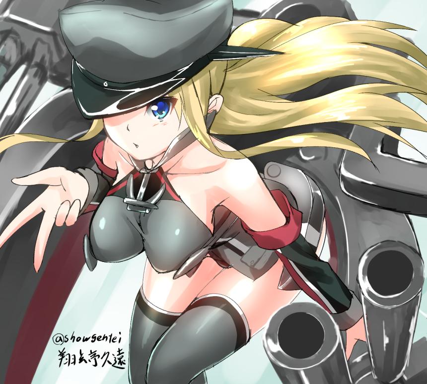 1girl, bare_shoulders, bismarck_(kantai_collection), blonde_hair, blue_eyes, breasts, chestplate, detached_sleeves