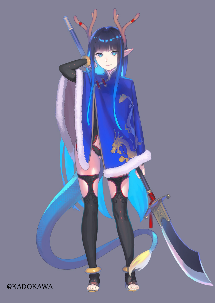 antlers, bangs, blue_eyes, guan_dao, highres, long_hair, nagisa_kurousagi, pointy_ears, polearm, solo, tail, thigh-highs, weapon, youkai_hyakki-tan!