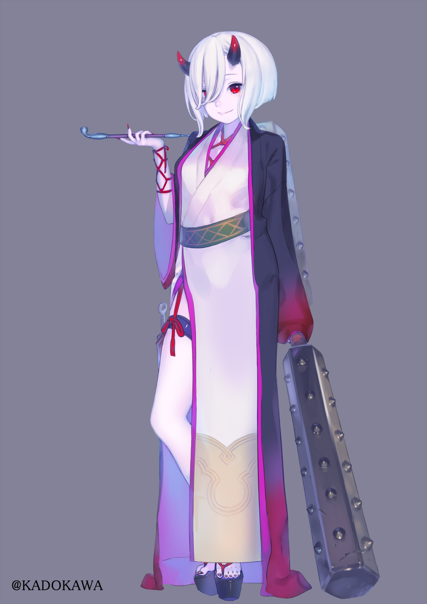 club, fingernails, highres, japanese_clothes, kanabou, kimono, kiseru, nagisa_kurousagi