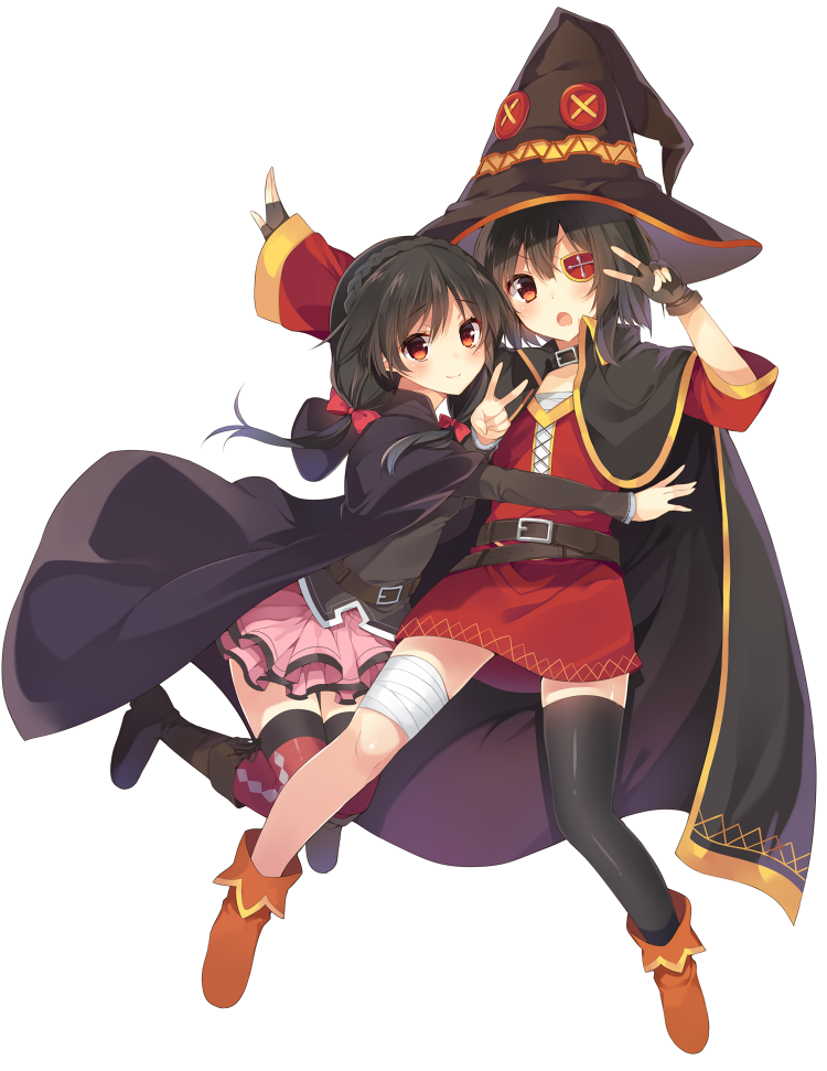 2girls, bandages, black_hair, black_legwear, boots, bow, braid, brown_hair