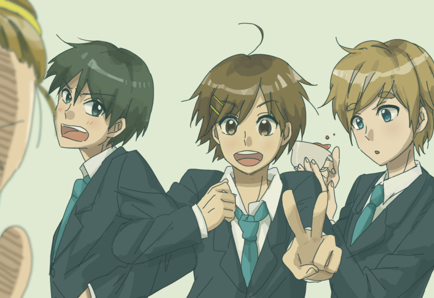 akiyama_mio, black_eyes, black_hair, blonde_hair, blue_eyes, blush, brown_hair, genderswap, hirasawa_yui, k-on!, kotobuki_tsumugi, looking_at_viewer, male, multiple_boys, negitama_(nagi), open_mouth, school_uniform, short_hair, simple_background, smile, tainaka_ritsu, uniform
