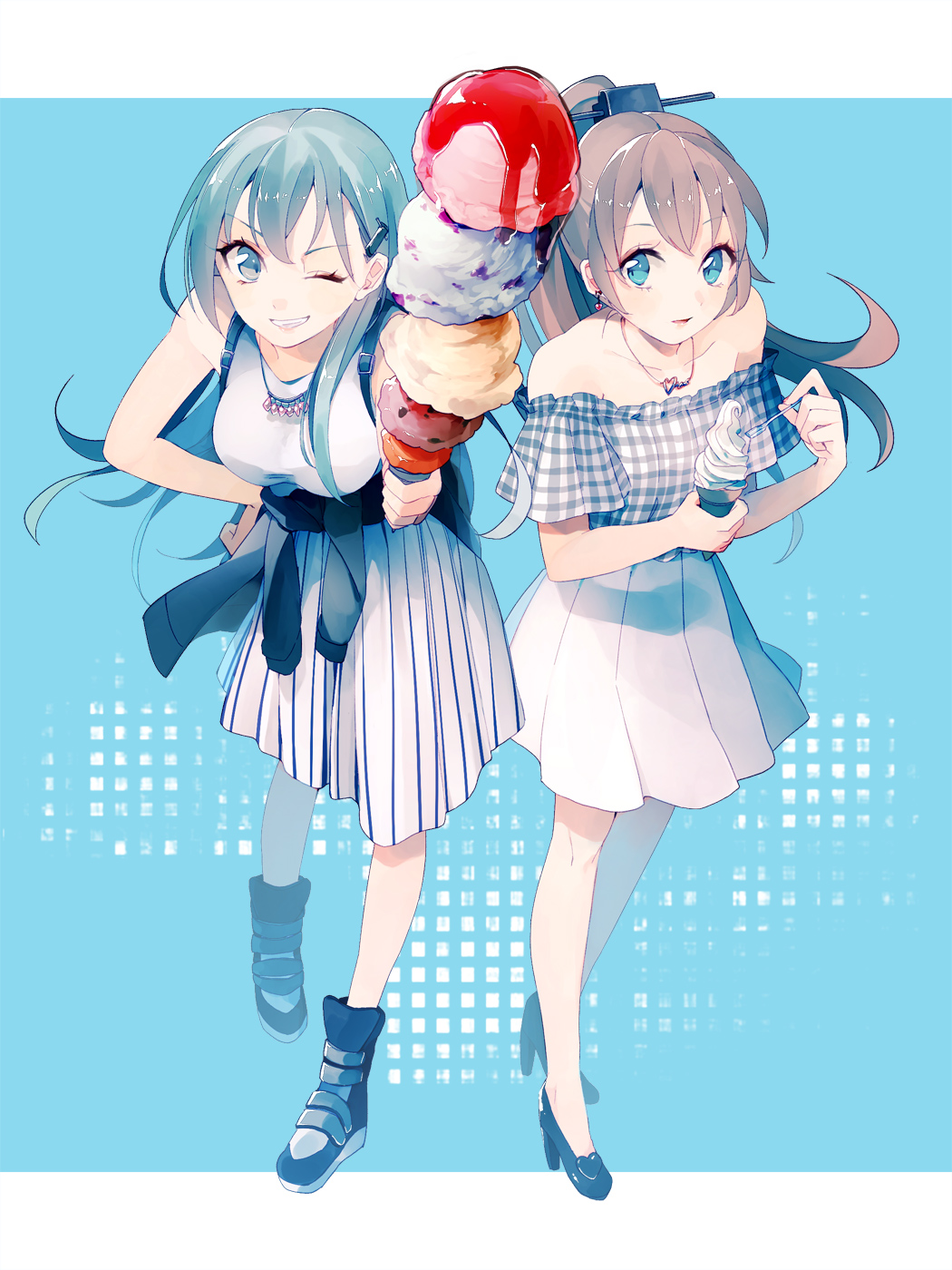 2girls, aqua_hair, blue_eyes, brown_hair, casual, earrings, food, grin