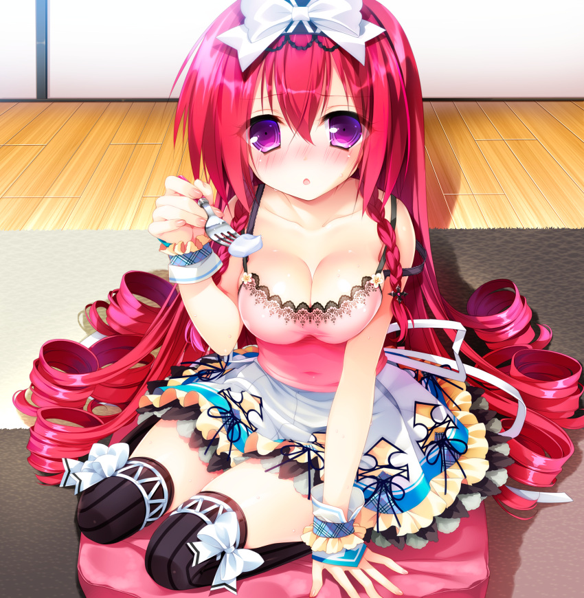 1girl, artist_request, blush, bow, breasts, brown_legwear, cleavage, drill_hair