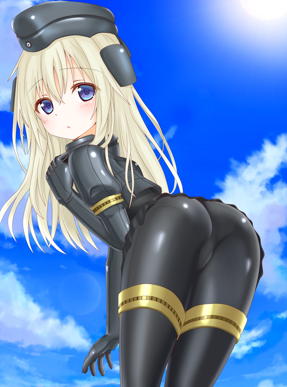 1girl, :o, ass, bent_over, blonde_hair, blue_eyes, blue_sky, blush
