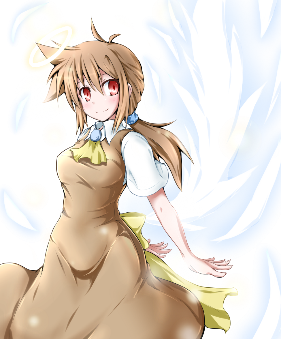 1girl, ascot, brown_dress, brown_hair, dress, kannagi_youko, kirino_souya, looking_at_viewer