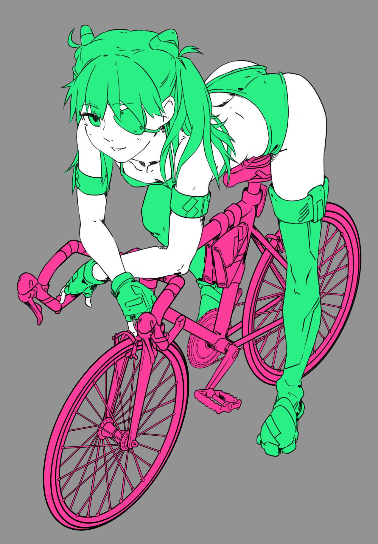 1girl, adapted_costume, arm_strap, ass, back, bicycle, bikini, black_gloves