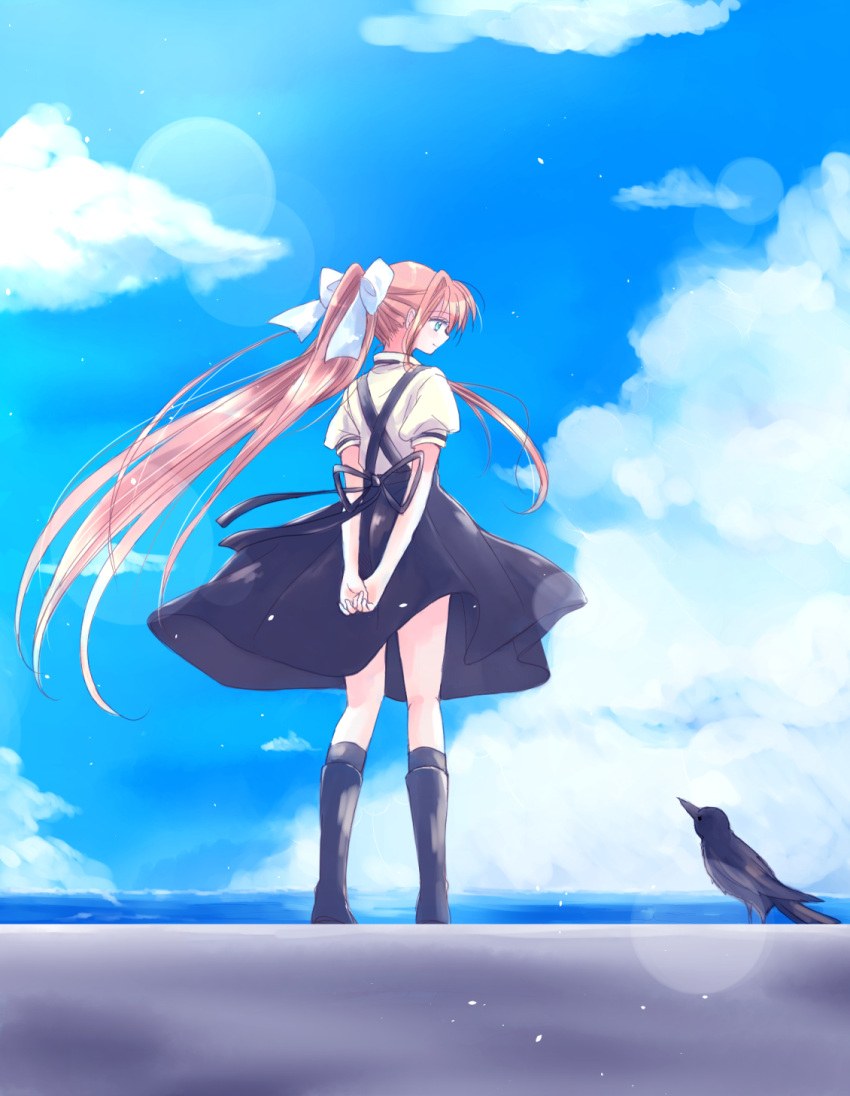 1girl, air, bird, blonde_hair, blue_eyes, crow, from_behind, highres
