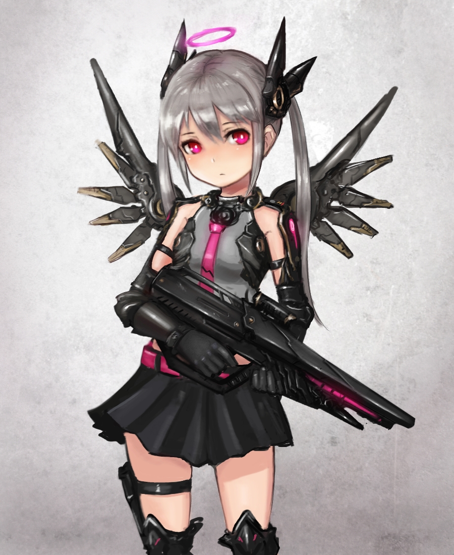 black_gloves, black_legwear, black_skirt, gloves, grey_hair, gun, hair_ornament, halo
