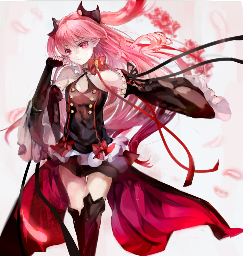 1girl, bare_shoulders, detached_sleeves, dress, highres, kafi, krul_tepes, long_hair, owari_no_seraph, pink_hair, pointy_ears, red_eyes, solo, thigh-highs