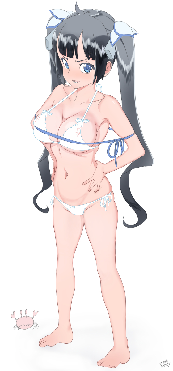 1girl, bikini, black_hair, blue_eyes, breasts, dungeon_ni_deai_wo_motomeru_no_wa_machigatteiru_darou_ka, from_above, hair_ribbon