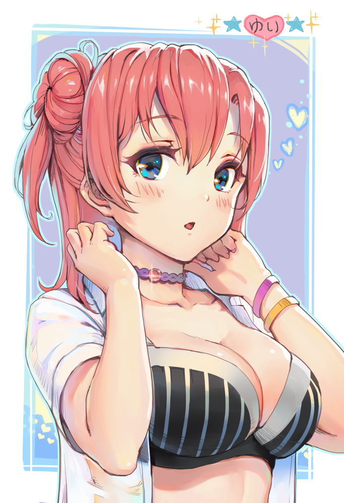 1girl, blue_eyes, bra, bracelet, breasts, choker, gou_(ga673899), hair_bun