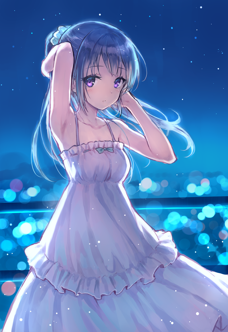 1girl, arm_up, armpits, black_hair, blush, dress, hibike!_euphonium, hiten_goane_ryu
