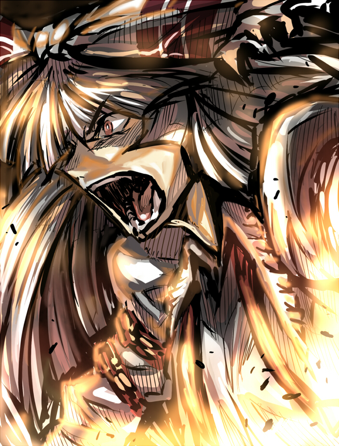 angry, bow, close-up, face, fujiwara_no_mokou, hair_bow, itagayui, open_mouth