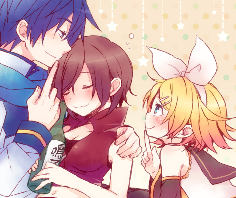 1boy, 2girls, alcohol, arm_warmers, blonde_hair, blue_eyes, blue_hair, blush