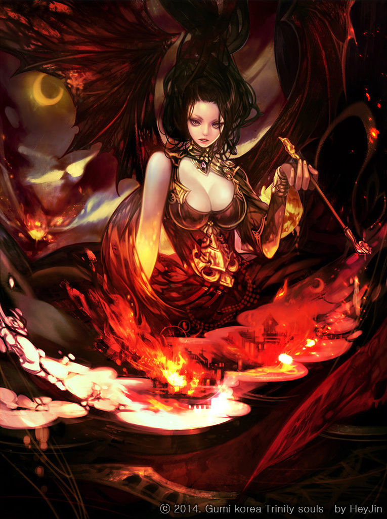 1girl, artist_name, bare_shoulders, beehive_hairdo, breasts, cleavage, copyright_name, crescent_moon, demon_girl, fire, gem, heyjin, horns, looking_at_viewer, moon, pale_skin, pipe, smoke, solo, trinity_souls, watermark, wings