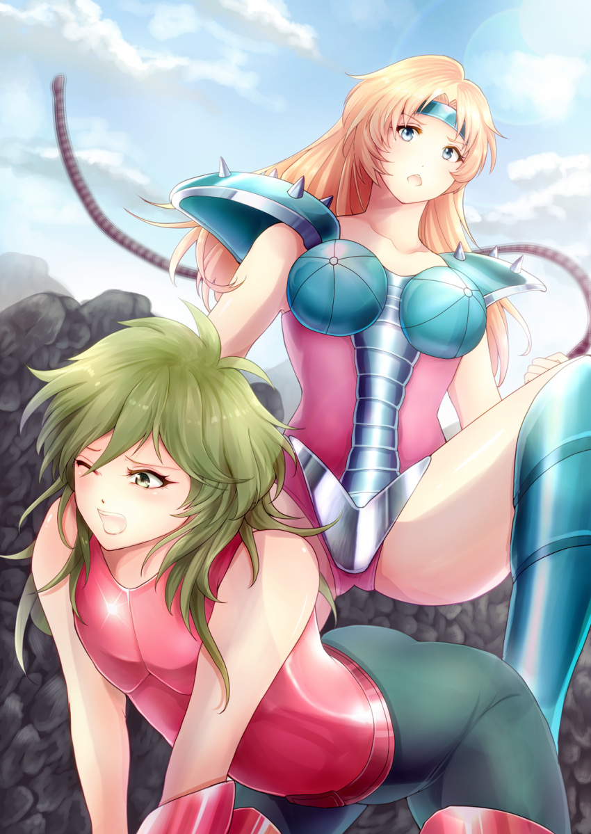 1boy, 1girl, androgynous, andromeda_shun, armor, blonde_hair, blue_eyes, blue_sky, boots, breastplate, breasts, chameleon_june, circle, clouds, dominatrix, elbow_gloves, fingerless_gloves, gauntlets, gloves, green_eyes, green_hair, highres, long_hair, mountain, odawara_ai, open_mouth, saint_seiya, sky, sunlight, whip